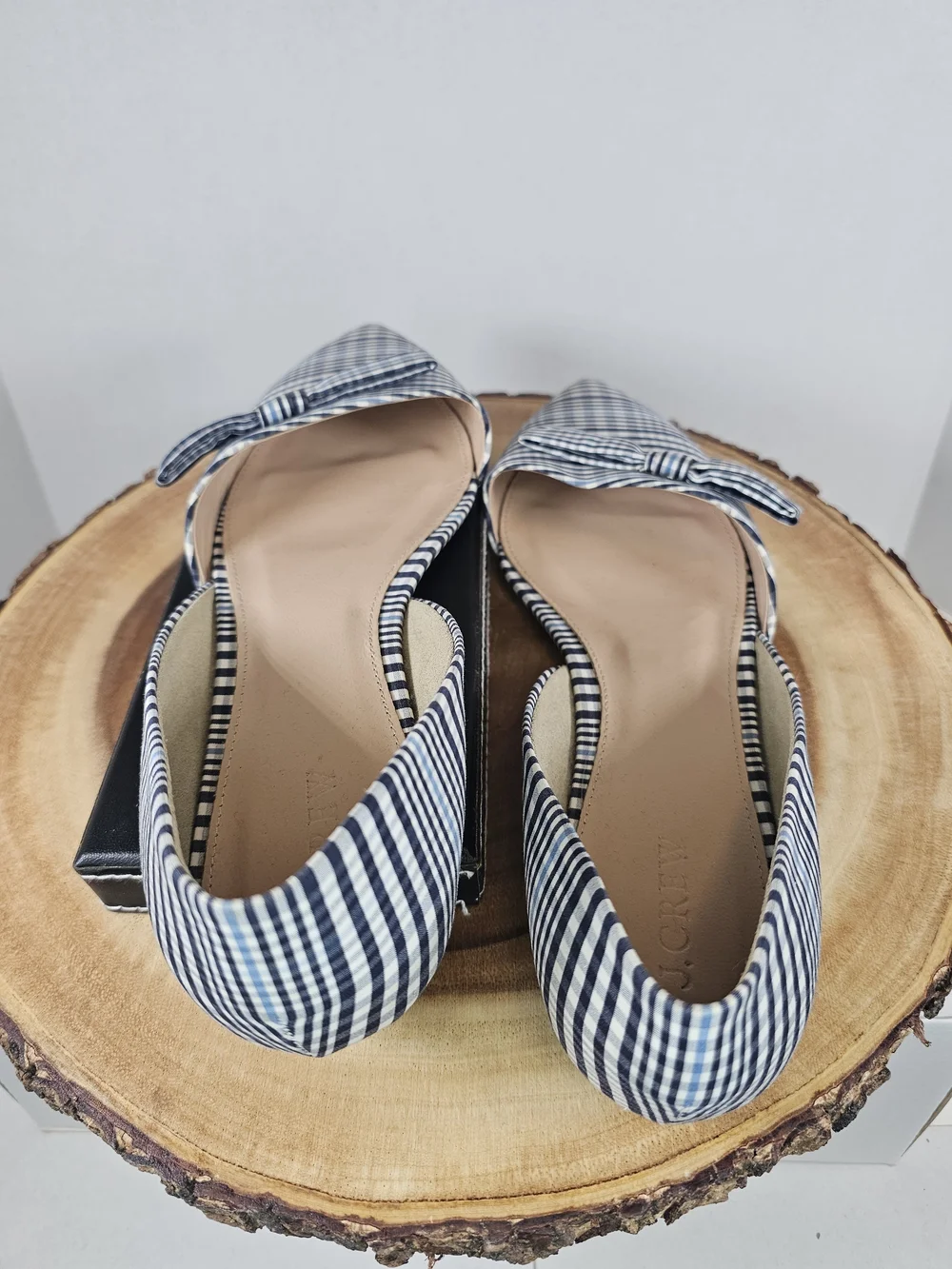 J. Crew Navy and White Gingham Pointed-Toe Flats with Bow